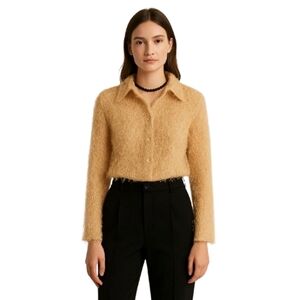 CDW Creative Design Works Golden Tan Shaggy Side Slit Button Front Blouse Top